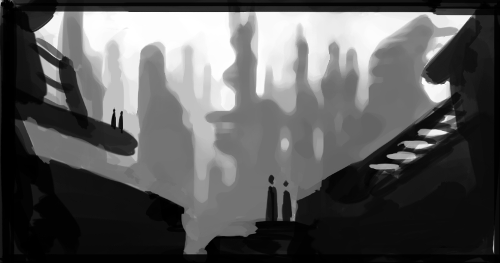 A grayscale digital speed paint of a city scape