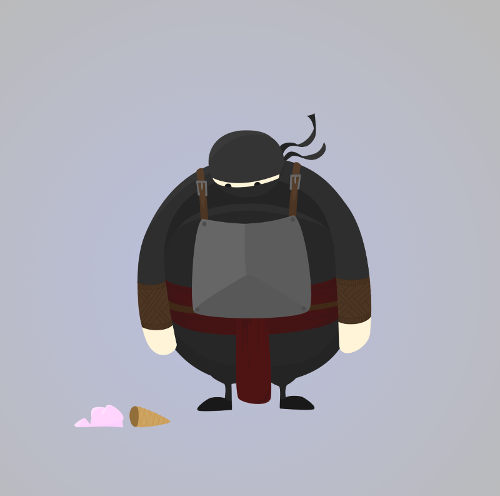 A vector drawing of a fat cartoon ninja who droped his icecream cone