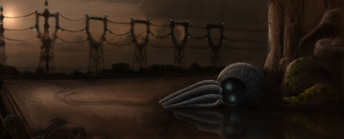 A digital painting of a forgotten robot, octobot, resting in a junckyard