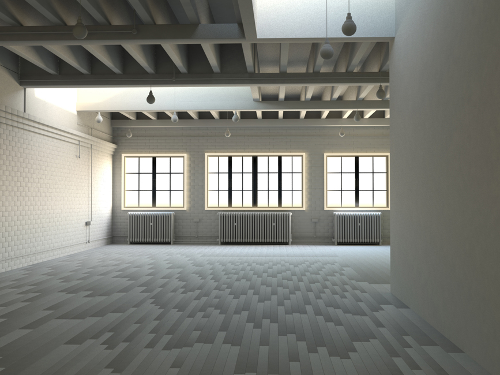 An ambient occlusion render of a loft interior, made out of primitive objects