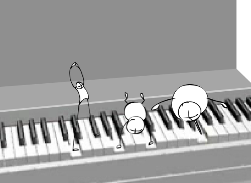 3 small stick figures playing a piano