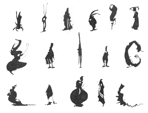 A collection of character silhouettes, done in ink